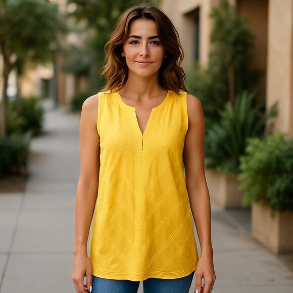 CLEARANCE Signature 1 Studio LG Yellow Boho Tank Top Embroidered Canary Yellow - Picture 1 of 9